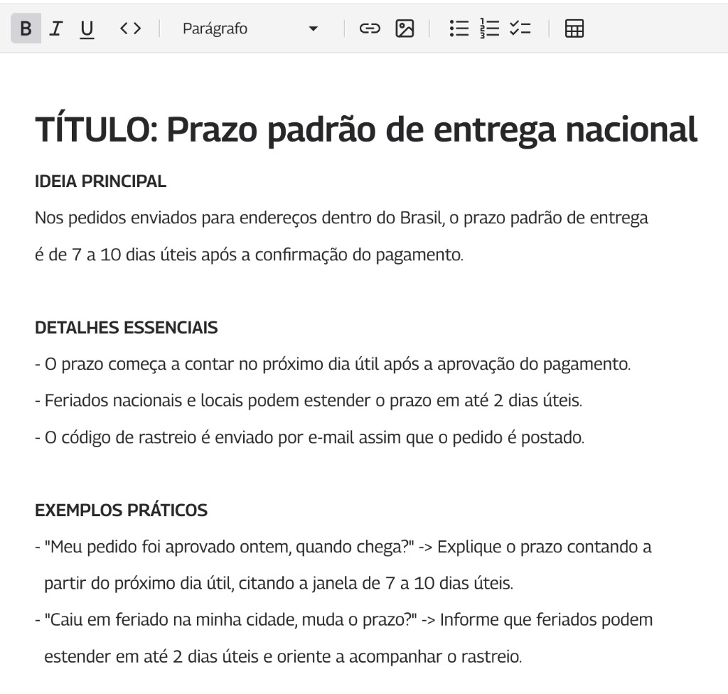 Tela do editor de conteúdos mostrando um exemplo de conteúdo médio com título, ideia principal, detalhes essenciais e exemplos práticos.
