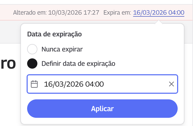 Exemplo da tela de configuração de data de expiração do conteúdo, mostrando as opções 'Nunca expirar' e 'Definir data de expiração' com seleção de data e horário.