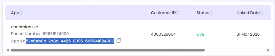 Tela do portal Gupshup com o App ID destacado no registro.