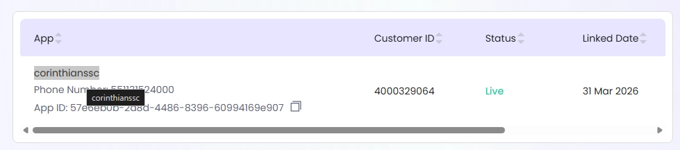 Tela do portal Gupshup com o Nome do App destacado no registro.