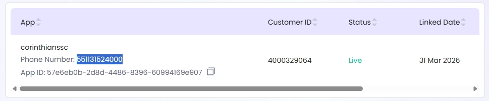 Tela do portal Gupshup com o Telefone do App destacado no registro.