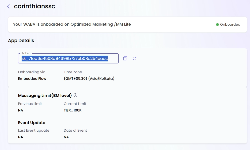Tela de detalhes do App na Gupshup, com o campo Token em destaque para cópia.