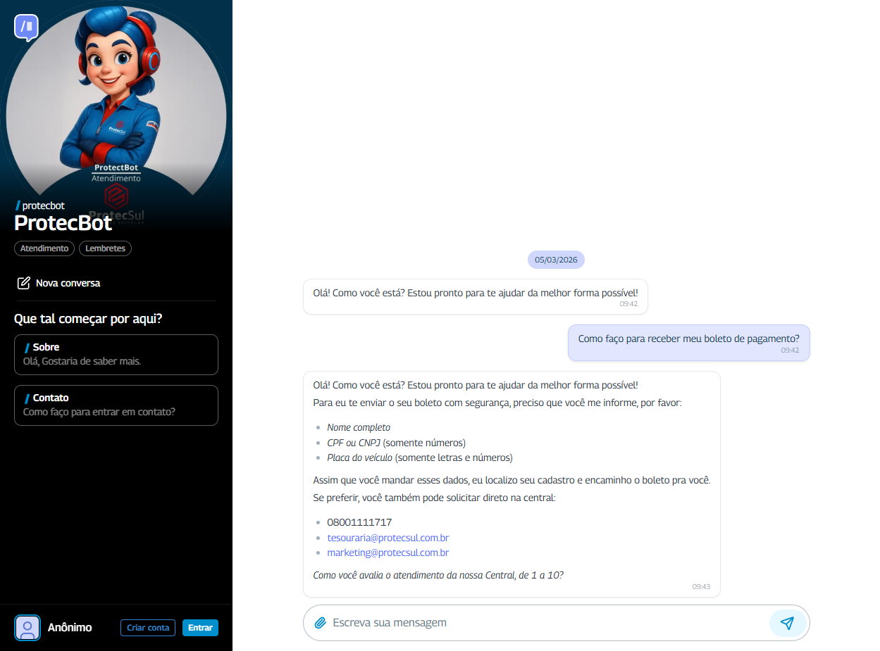 ProtecBot - conversa em andamento