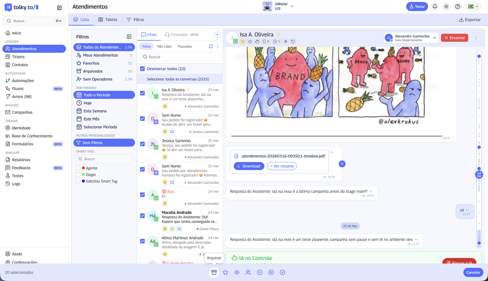 Ações em lote na tela de Atendimentos