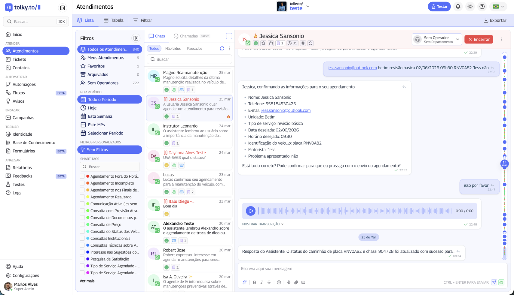 Conversa inline na tela de Atendimentos