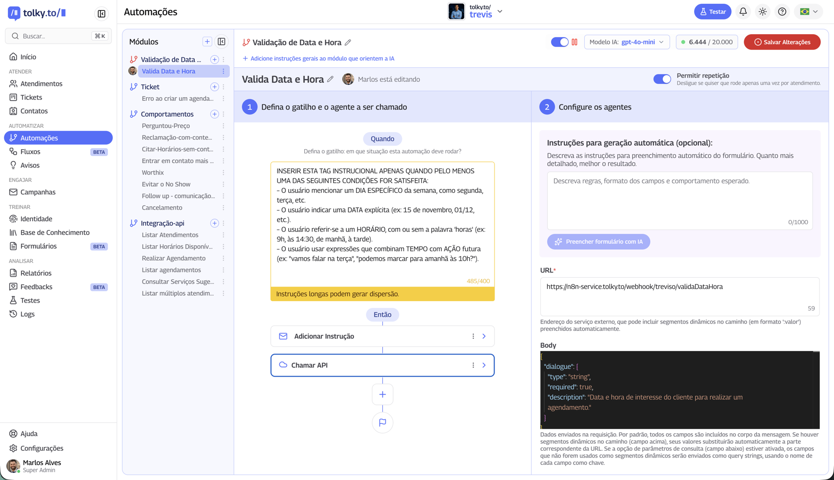 Tela de Automações