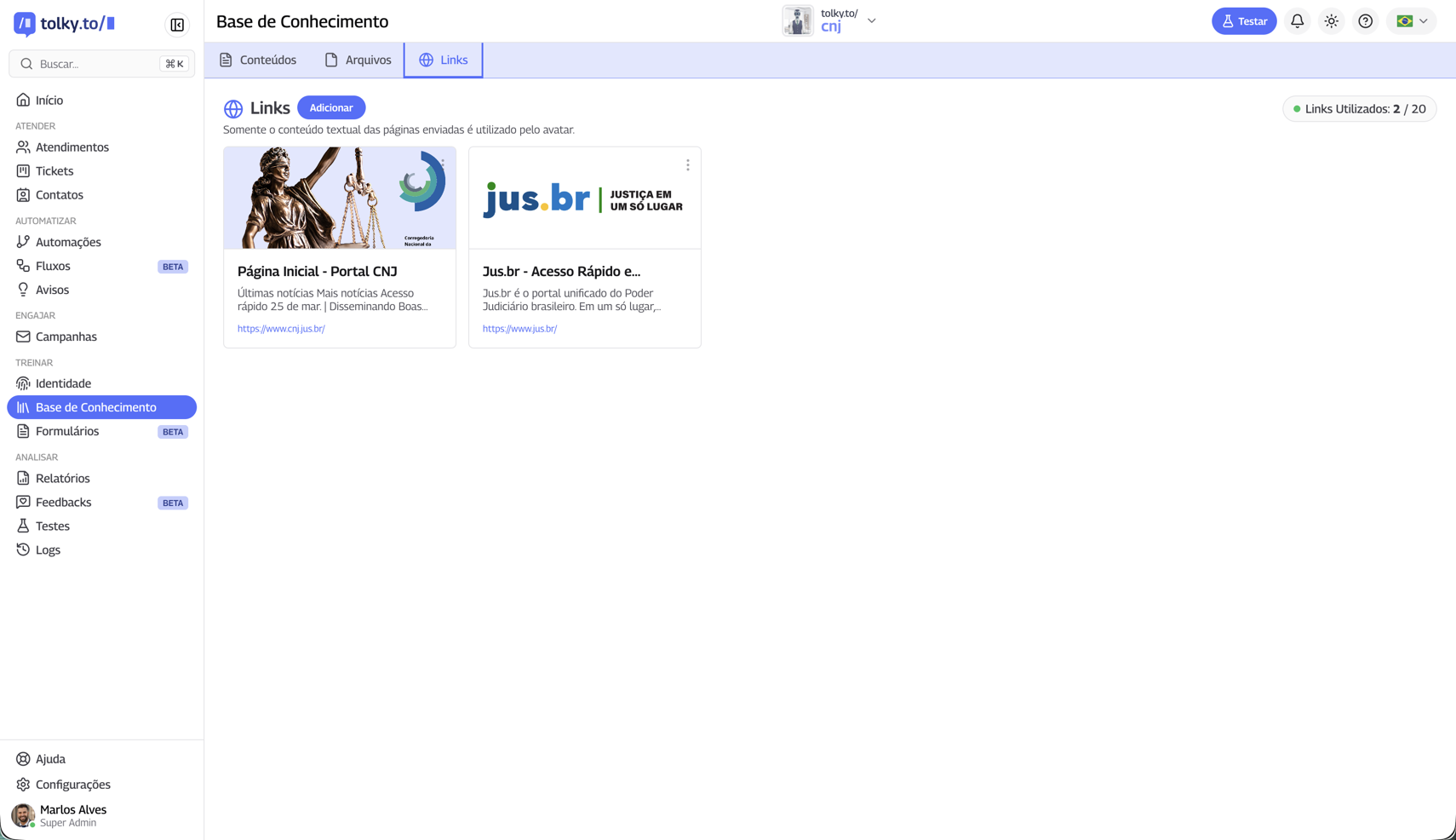Aba de Links da Base de Conhecimento