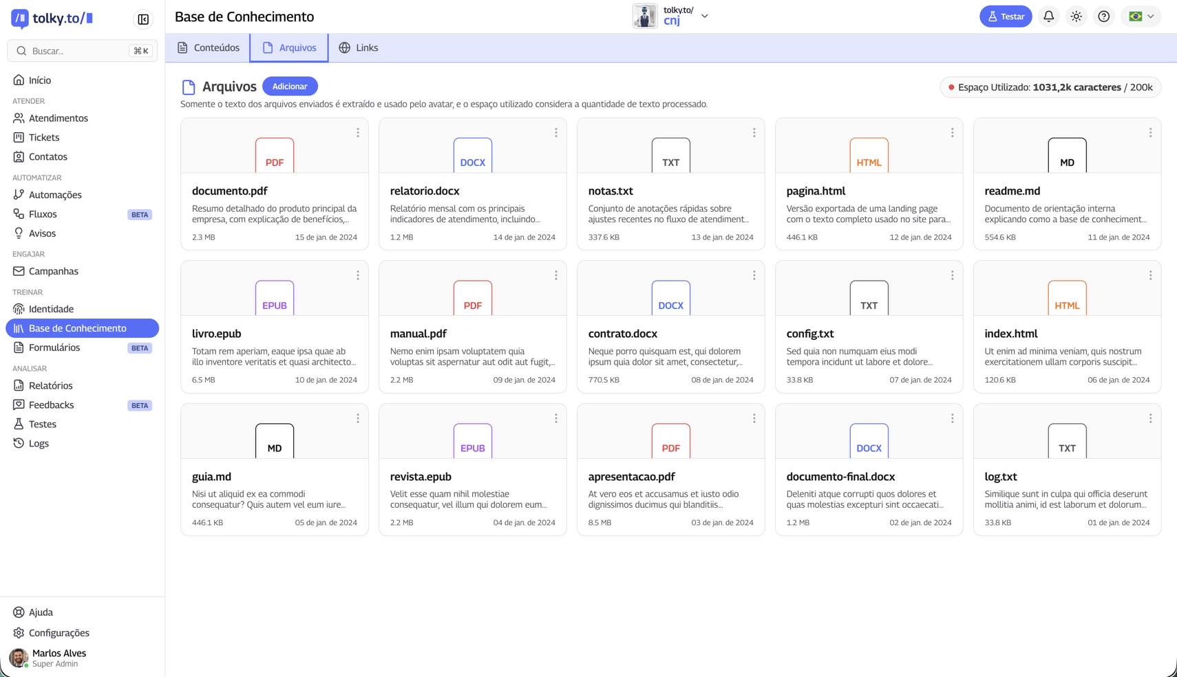 Aba de Arquivos da Base de Conhecimento