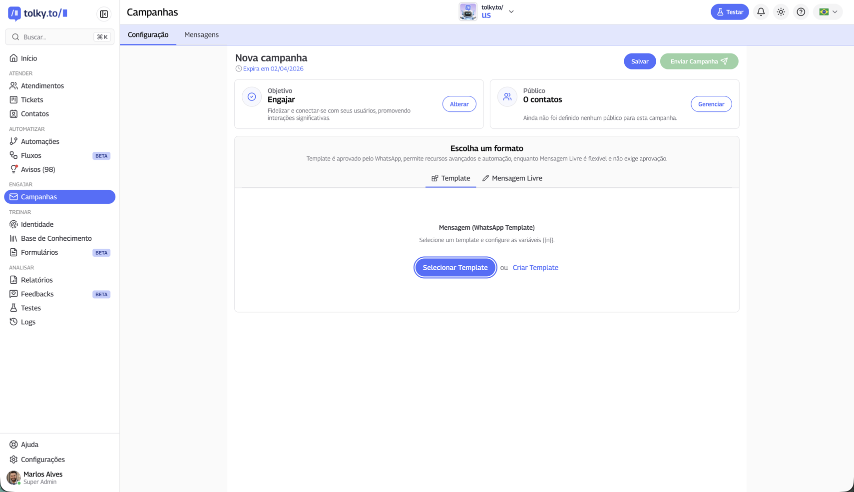 Tela de criação de campanha na versão 2.0