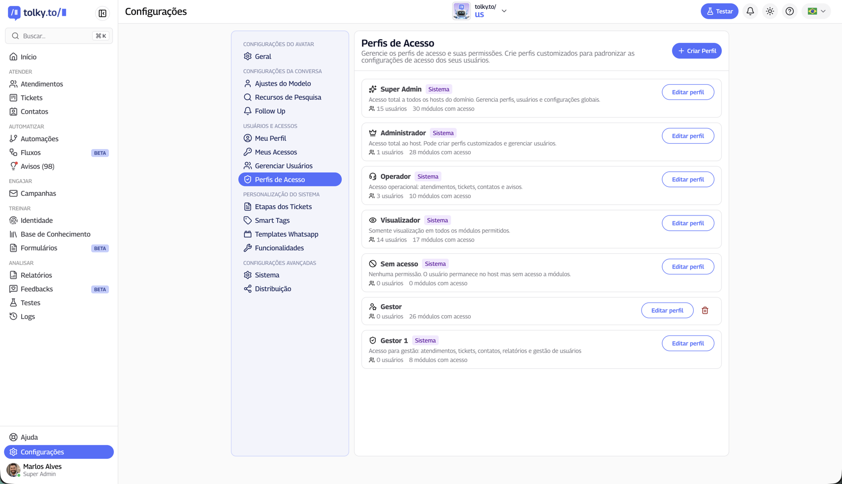 Página de Configurações na versão 2.0
