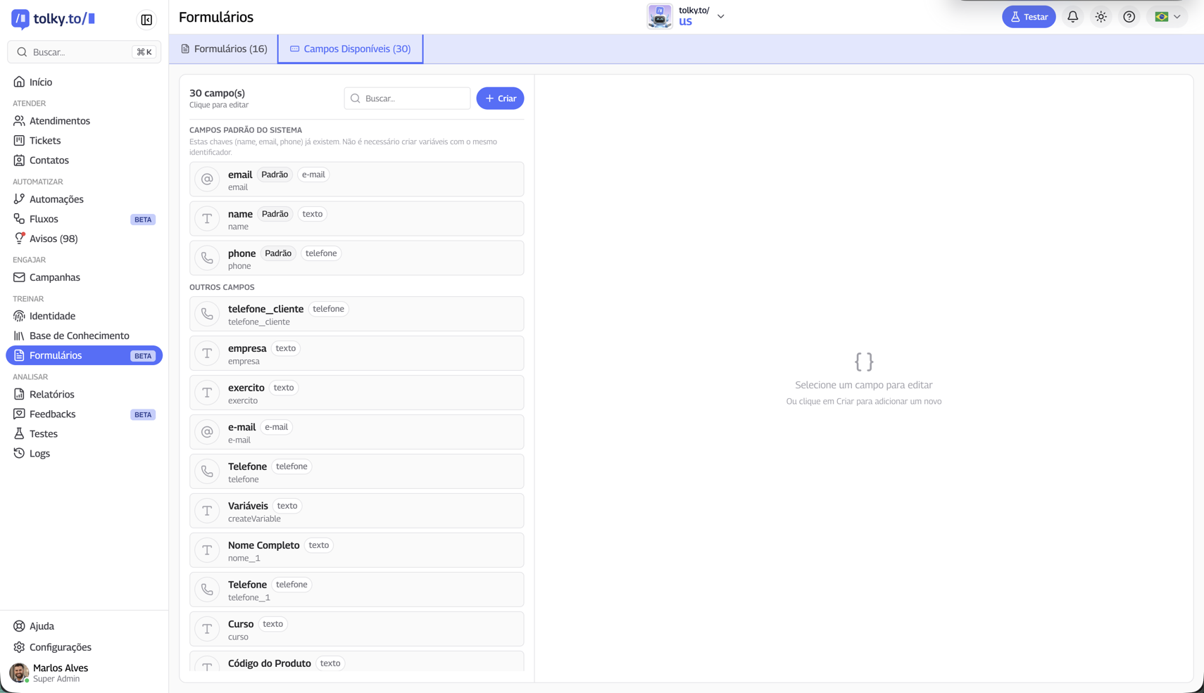 Campos disponíveis nos formulários