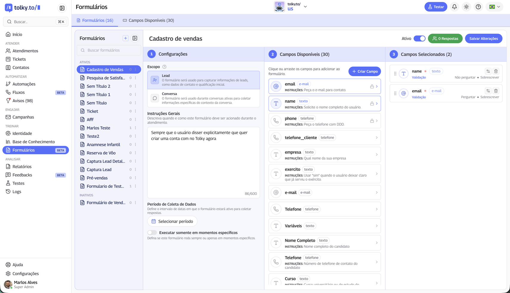 Tela de Formulários na versão 2.0
