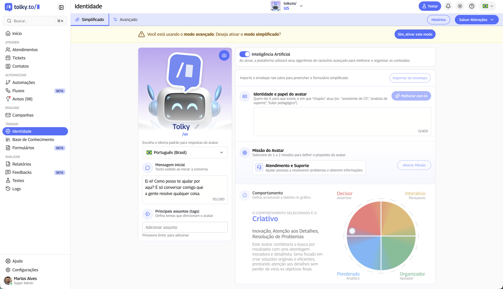 Tela de Identidade na versão 2.0
