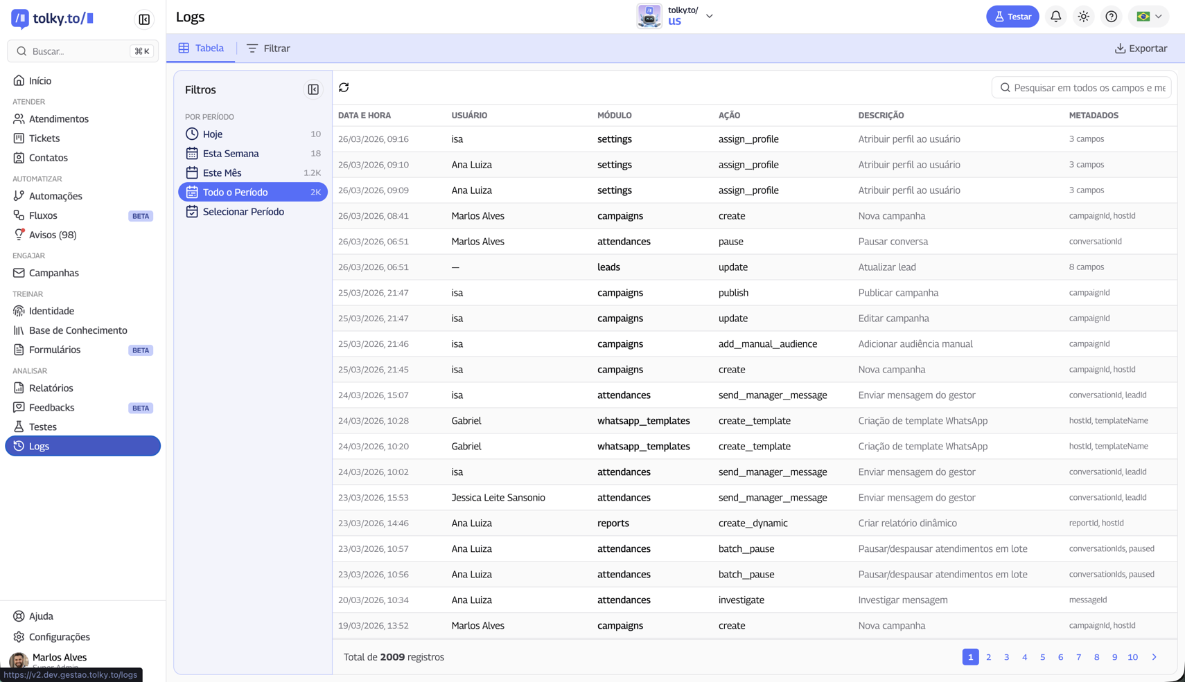 Página de Logs na versão 2.0