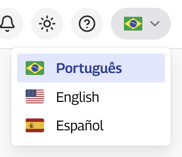 Seletor de idioma com opções Português, English e Español