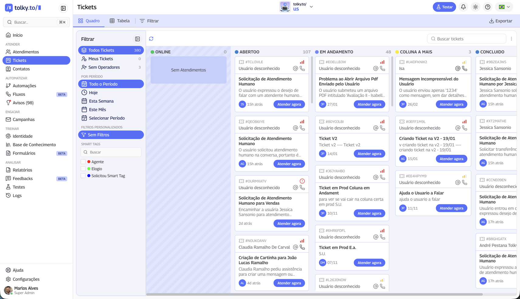 Tela de Tickets em modo Quadro
