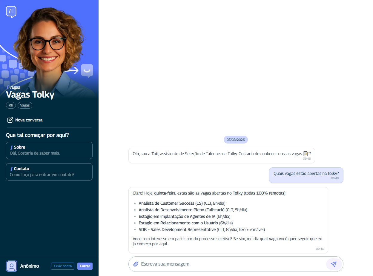 Vagas Tolky - conversa em andamento